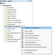 Dialogfenster zur Verwaltung von Lastfällen und Kombinationen in einer Bauplanung.