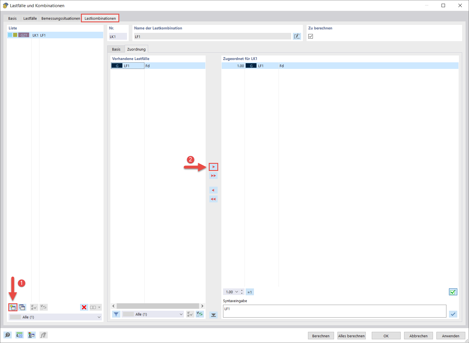 Visualisierung der Einrichtung einer Lastkombination für Bauprojekte in einer Softwareumgebung.