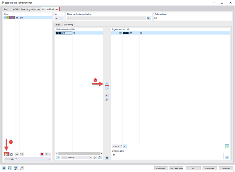Visualisierung der Einrichtung einer Lastkombination für Bauprojekte in einer Softwareumgebung.