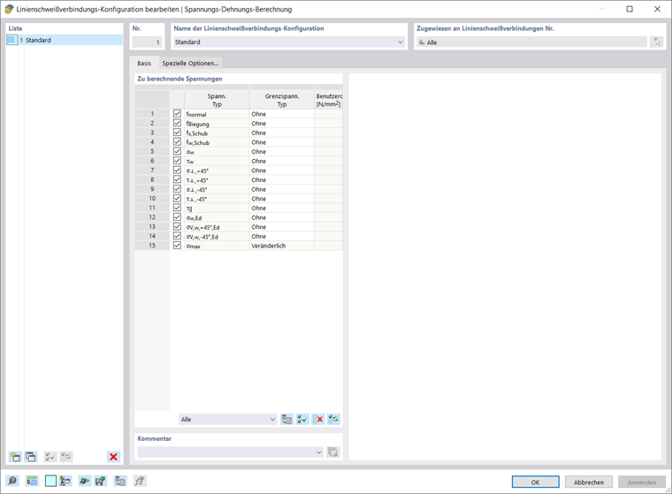 Einstellungen zur Konfiguration von Linienschweißverbindungen in einer Ingenieursoftware.
