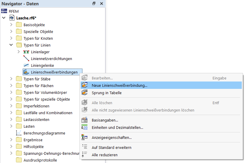 Interaktive Oberfläche zur Erstellung einer Linienschweißverbindung mit spezifischen Parametern.