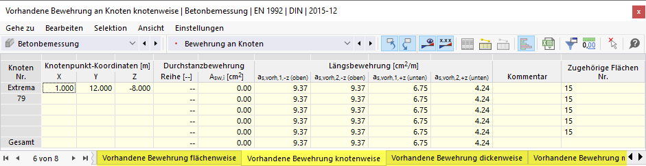 Vorhandene Bewehrung knotenweise