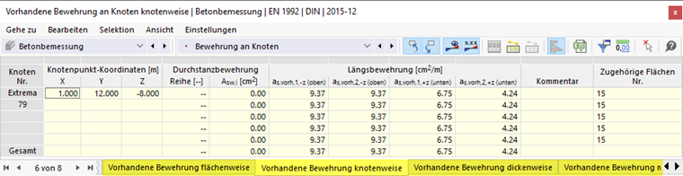 Vorhandene Bewehrung knotenweise