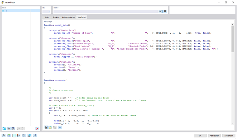 Dialog 'Blöcke bearbeiten', Register 'JavaScript'