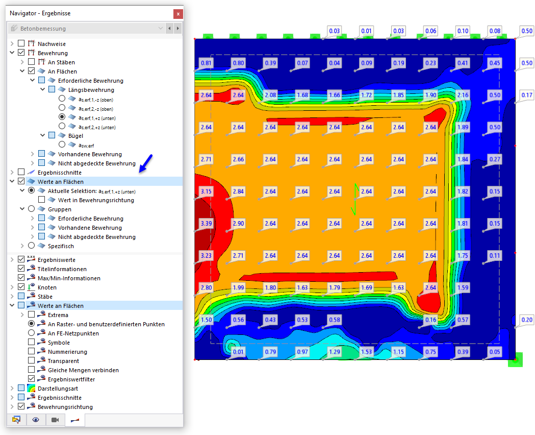 Werte der erforderlichen unteren Hauptbewehrung in Rasterpunkten darstellen