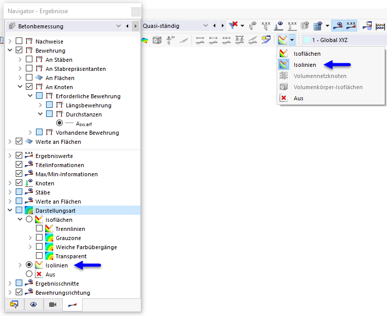 Isoliniendarstellung im Navigator oder Symbolleiste aktivieren