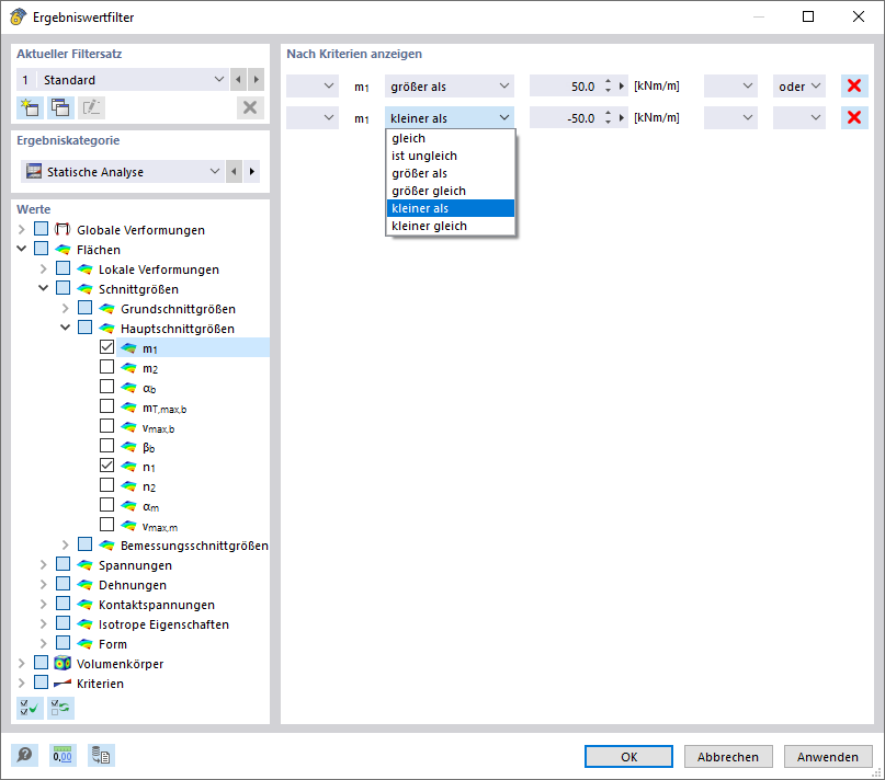 Filterkriterien für Ergebniswerte definieren