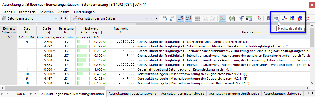Schaltfläche 'Nachweisdetails' in Tabellen-Symbolleiste