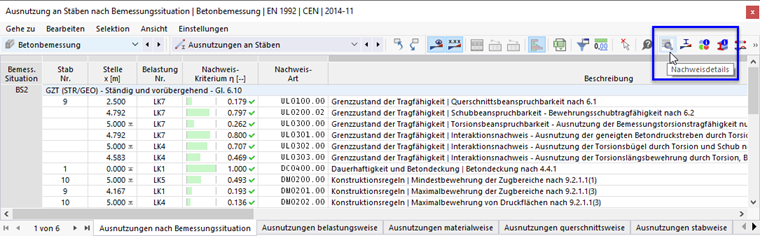 Schaltfläche 'Nachweisdetails' in Tabellen-Symbolleiste