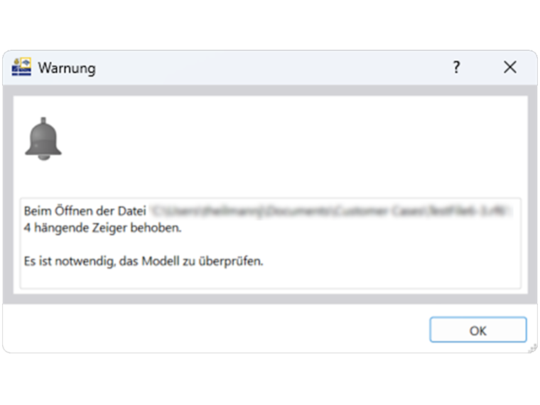 FAQ 005402 | Ich erhalte beim Öffnen einer Modelldatei die Warnmeldung, dass "hängende Zeiger behoben" wurden. Was bedeutet dies?