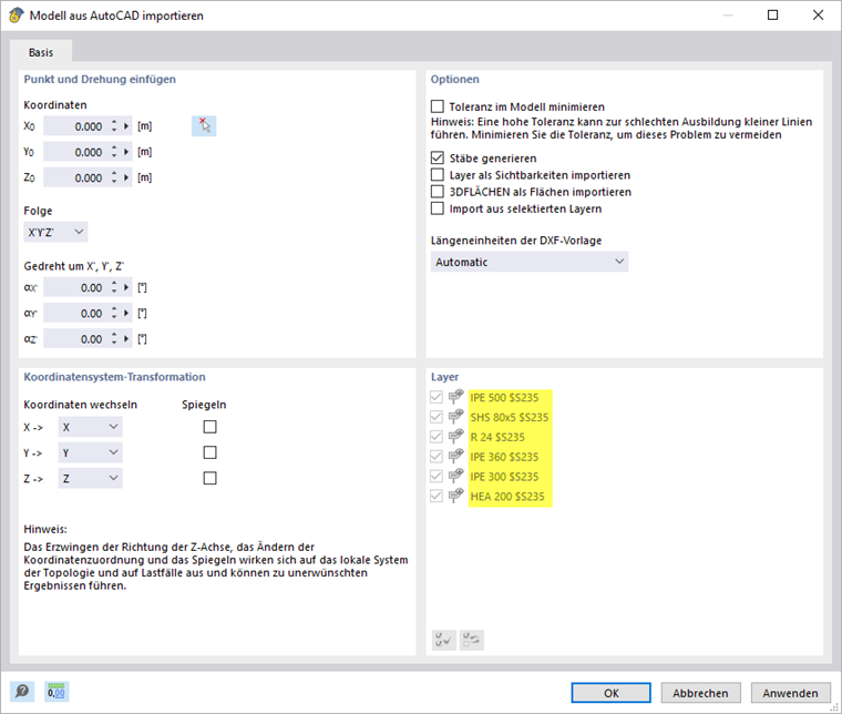 Layerbezeichnungen mit Querschnitts- und Materialnamen