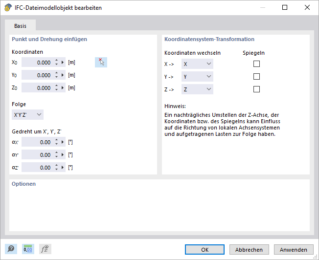 Einstellungen für IFC-Import