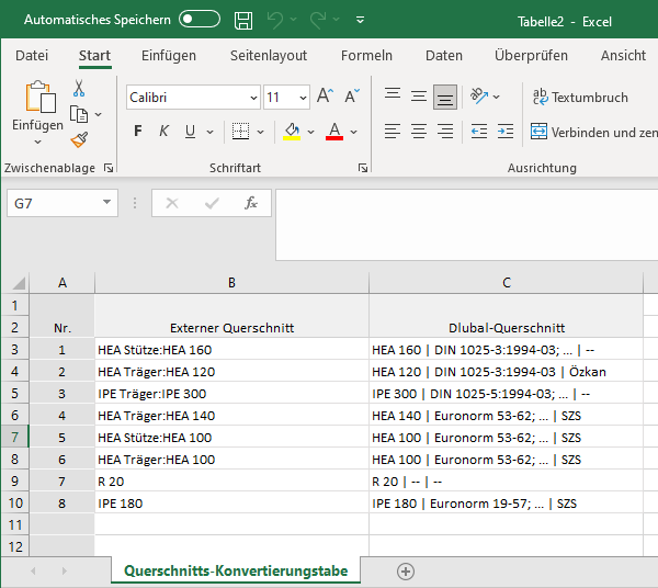 Konvertierungstabelle Excel Export