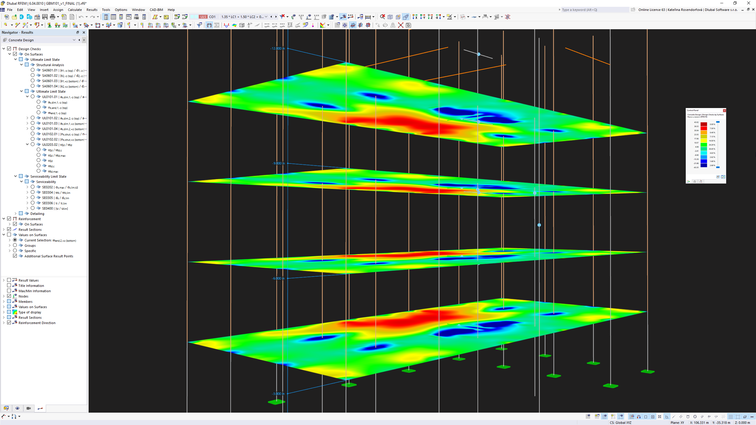 Darstellung einer Betonbemessung im RFEM-Model, inklusive grafischer Benutzeroberfläche mit detaillierten Berechnungsparametern.
