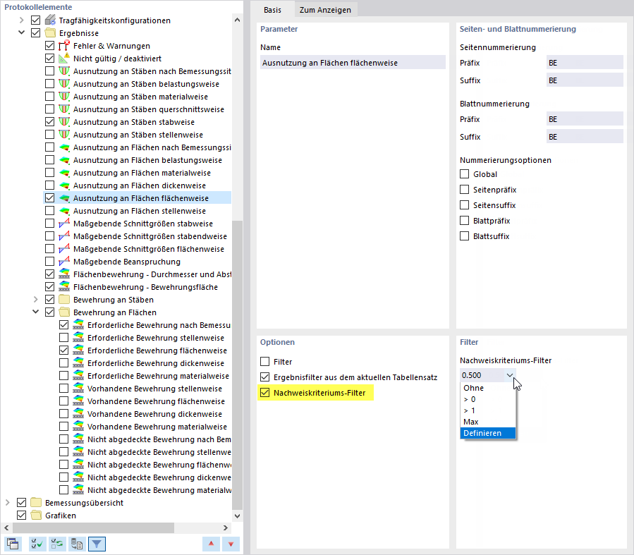 Filtermöglichkeiten für Nachweiskriterium