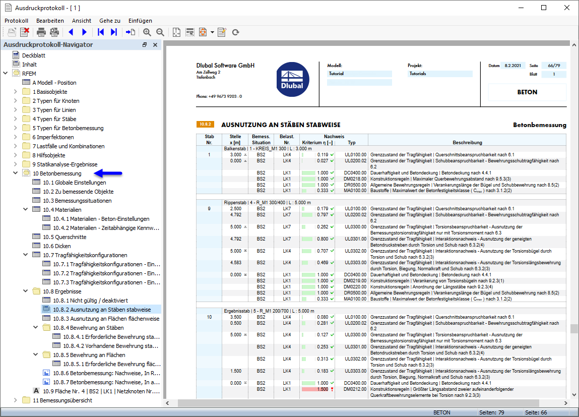 Ausdruckprotokoll mit Daten der Betonbemessung