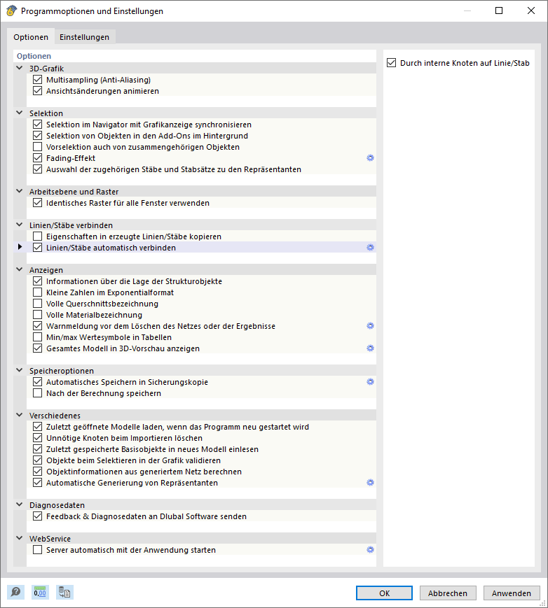 Dialog 'Programmoptionen und Einstellungen', Register 'Optionen'