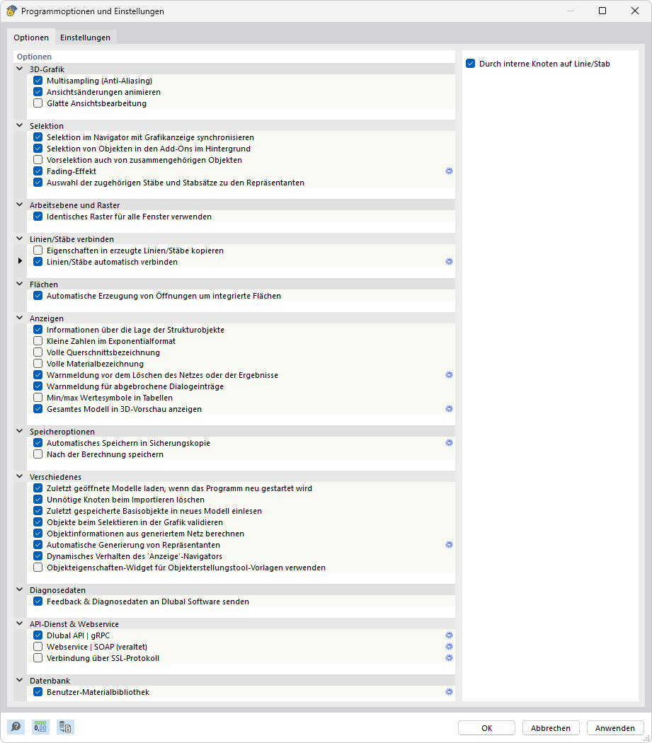 Dialog 'Programmoptionen und Einstellungen', Register 'Optionen'