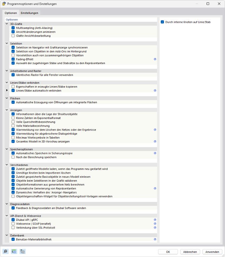 Dialog 'Programmoptionen und Einstellungen', Register 'Optionen'