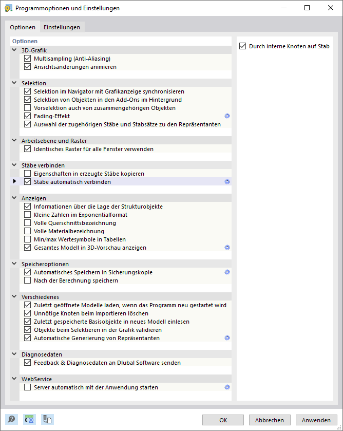 Dialog 'Programmoptionen und Einstellungen', Register 'Optionen'