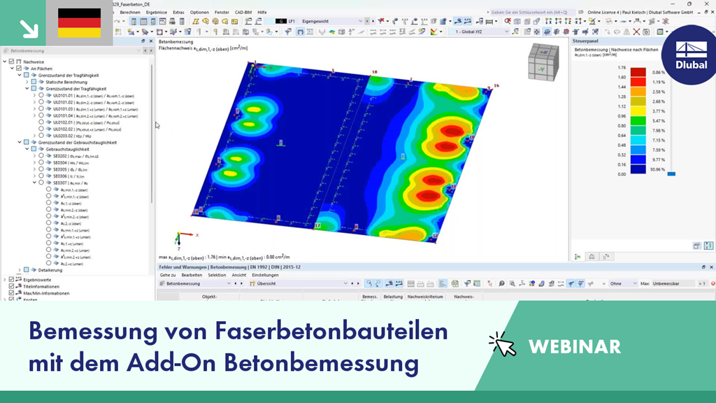 Darstellung der Bemessung von Faserbetonbauteilen mit einem speziellen Add-On in einem strukturierten Online-Seminar.