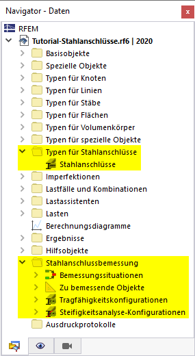 Für die Stahlanschlüsse relevante Navigator-Elemente