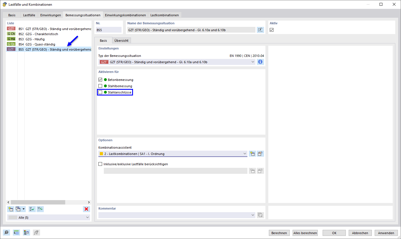 Deaktivieren der Stahlanschlussbemessung für Bemessungssituation 'BS5' (optional)