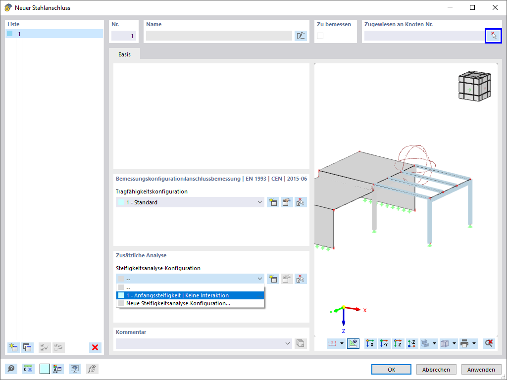 Dialog "Neuer Stahlanschluss"