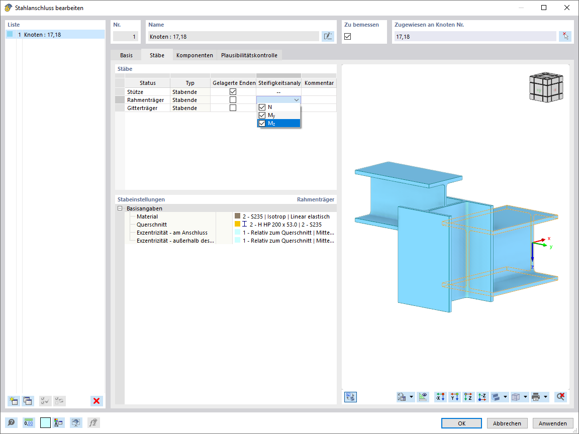 Auswahl der Schnittgrößen für die Steifigkeitsanalyse