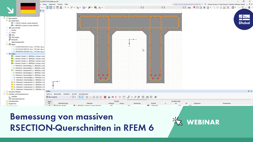 Darstellung eines RFEM 6 Webinars über die Bemessung massiver RSECTION-Querschnitte.