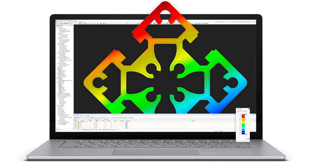 Das Bild zeigt eine Softwarelösung zur Berechnung von Querschnittsprofilen und Spannungsanalysen mit FEM-Integration.