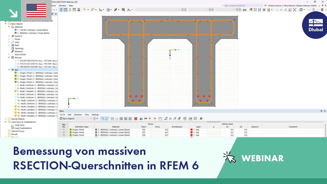 Präsentation eines Webinars, in dem die Bemessung von dickwandigen RSECTION-Querschnitten mit der Software RFEM 6 behandelt wird.