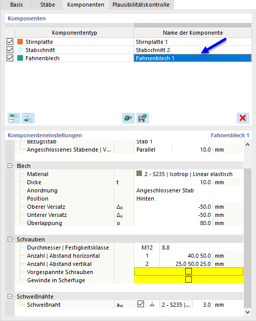 Komponenteneinstellungen für Fahnenblech