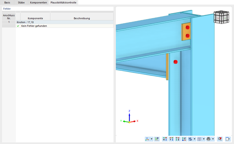 Plausibilitätskontrolle und Vorschau des Stahlanschlusses