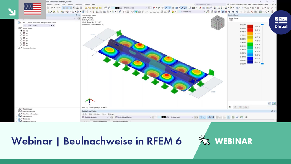 Webinar über Techniken zur Beulanalyse mit RFEM 6, mit Schwerpunkt auf technischen Lösungen.