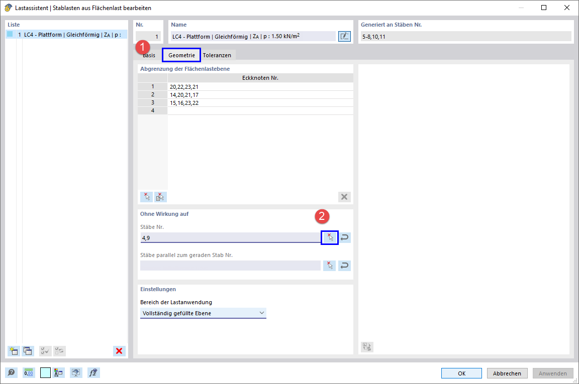 Anpassen der Einstellungen im Lastassistenten