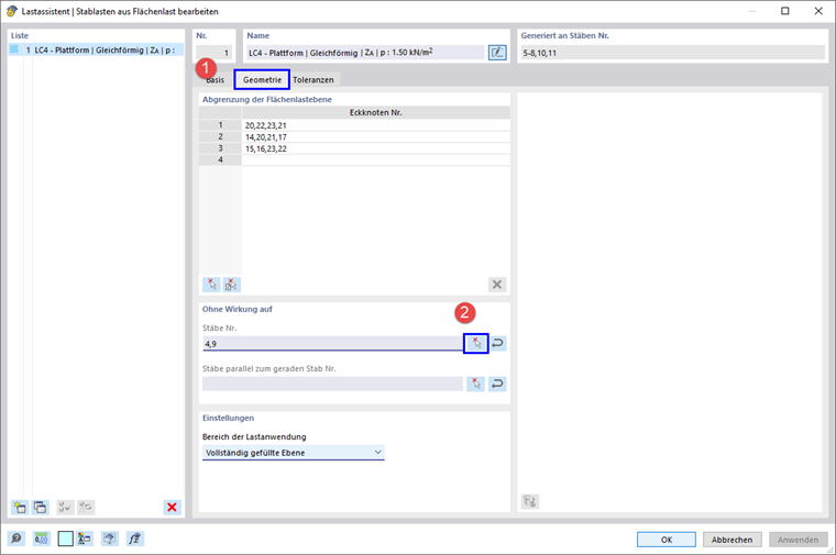 Anpassen der Einstellungen im Lastassistenten