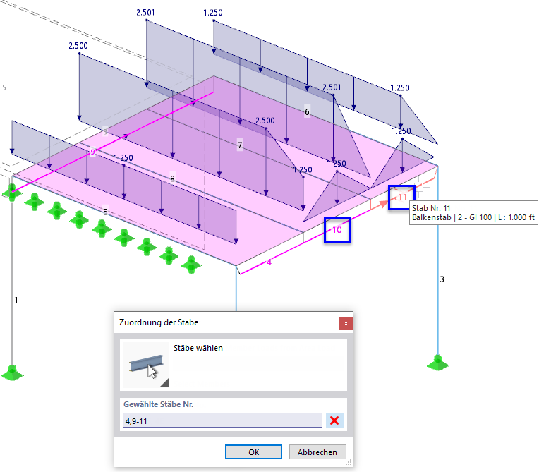 Auswahl von Stäben ohne Wirkung im Lastassistenten