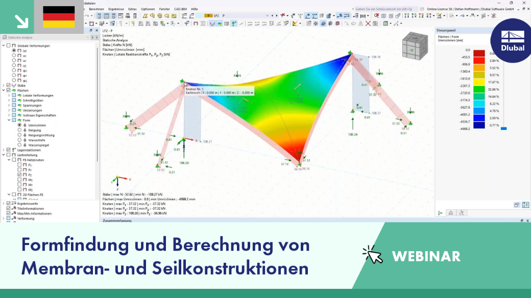Das Bild zeigt eine technische Illustration zur Formfindung und Berechnung von Membran- und Seilkonstruktionen in RFEM 6 Webinar.