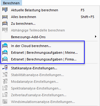 Menü 'Berechnen' für Cloud-Berechnungen