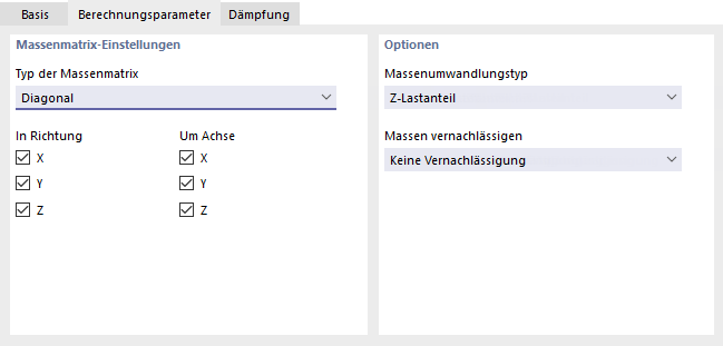 Register 'Berechnungsparameter' für lineare implizite Newmark-Analyse