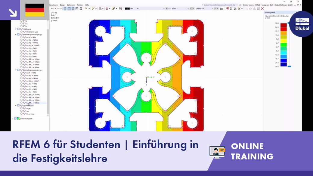 Illustration eines Online-Trainings zur Einführung in die Festigkeitslehre mit RFEM 6.