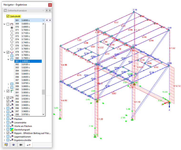 Zeitschritt auswählen und Stabschnittgrößen darstellen