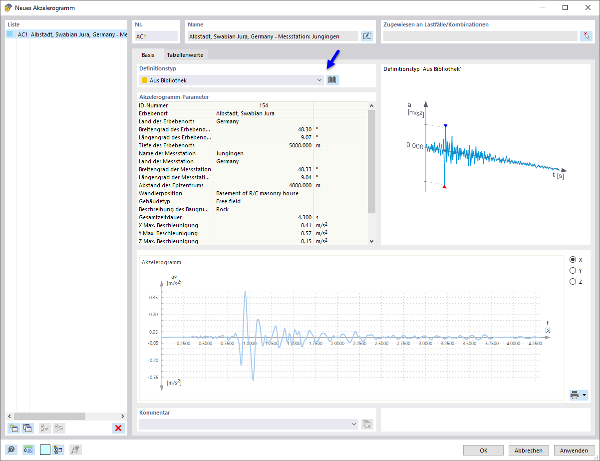 Akzelerogramm aus Bibliothek verwenden