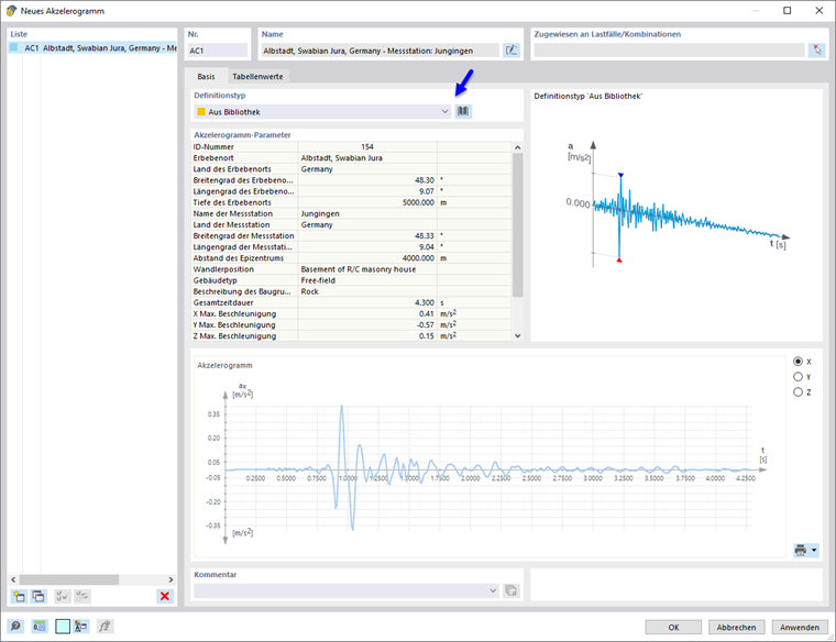 Akzelerogramm aus Bibliothek verwenden