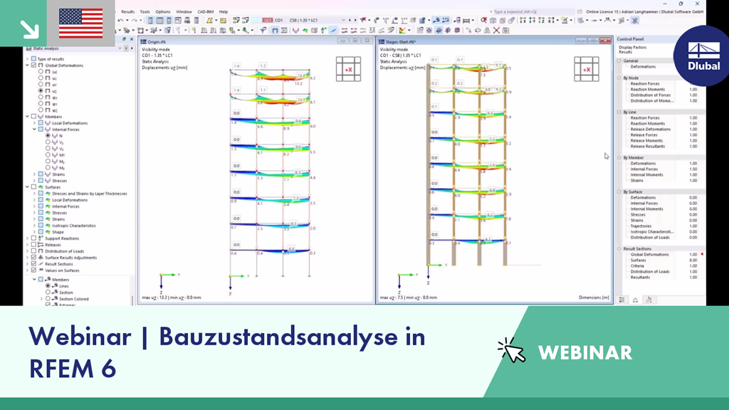 Dashboard der Bauphasenanalyse mit den strukturellen Lastpfaden in RFEM 6.