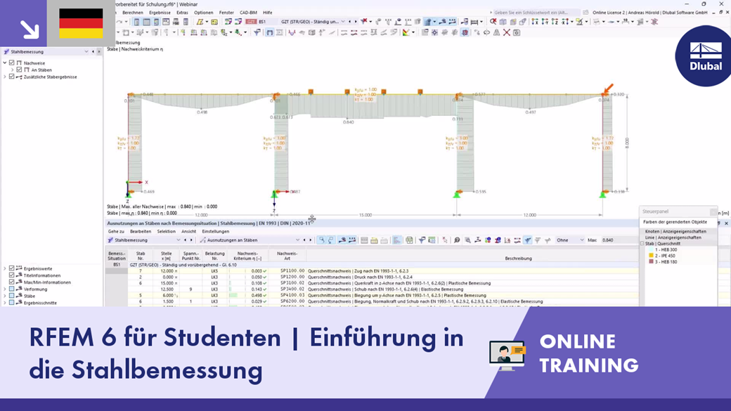 Online-Training zur Einführung in die Stahlbemessung für Studenten am 13. November 2023.