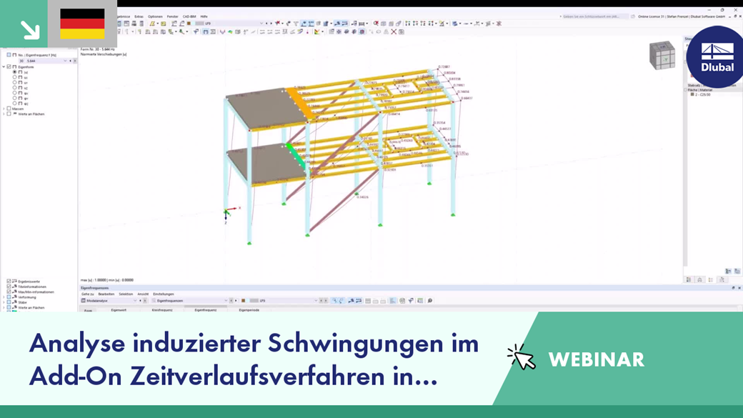 Darstellung und Analyse induzierter Schwingungen mit dem Zeitverlaufsverfahren in einer RFEM 6 Webinardemonstration.