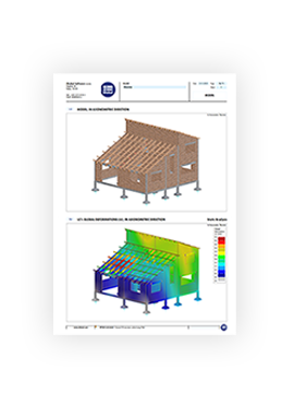 Printout Report zeigt Spannungsanalyse eines Mauerwerks auf Stahlbetonfundamenten im RFEM-Modell.