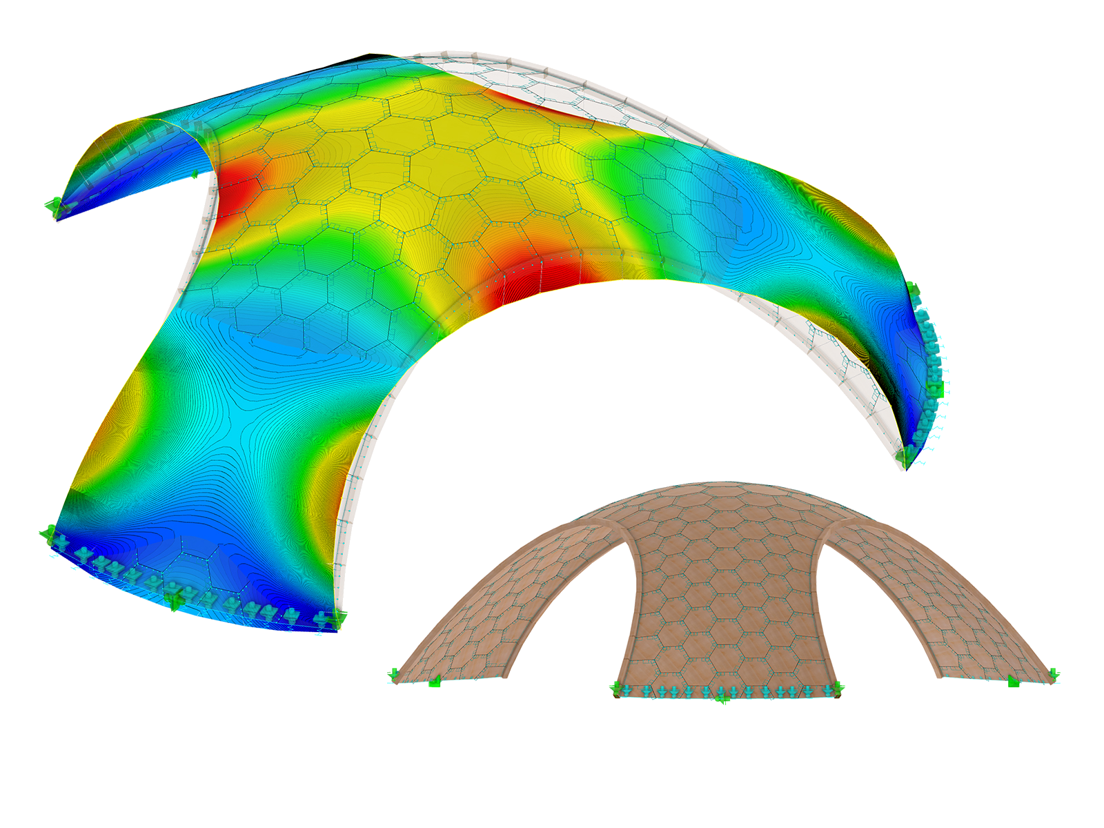 Dieses Bild zeigt die Verformung einer Holzkuppel, berechnet mit RFEM und bemessen mit dem Add-On Holzbemessung | © PIRMIN JUNG